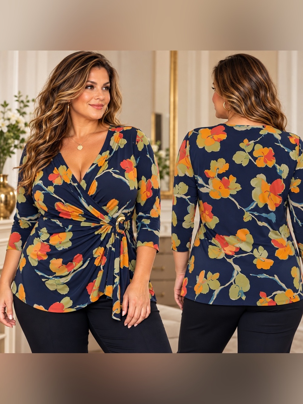 Lauren Ralph Lauren 2X Navy Floral Wrap Gold Ring Top